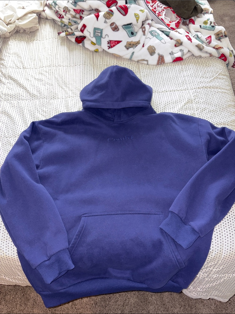 Classic Blue Pullover Hoodie with Subtle Embroidery